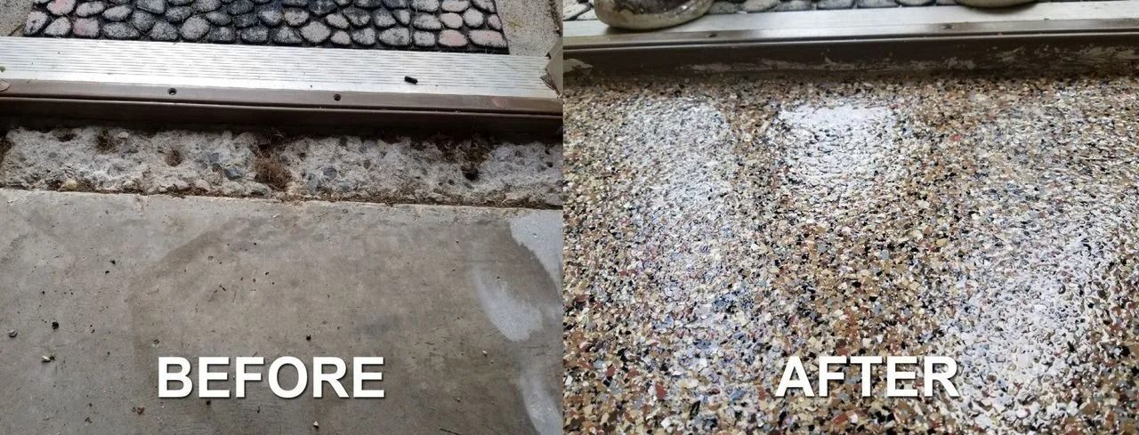 Gray speckled terrazzo surface with scattered red, white, and black chips