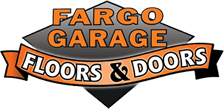 Fargo Garage Floors & Doors logo in orange, gray, black, and white with a stylized garage shape