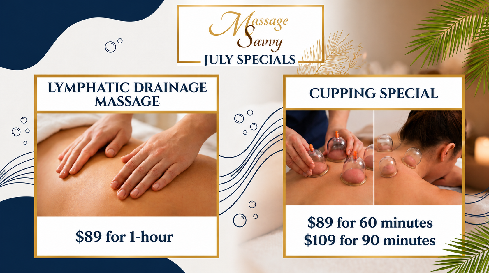 Massage spa ad for lymphatic drainage massage and cupping specials with prices shown