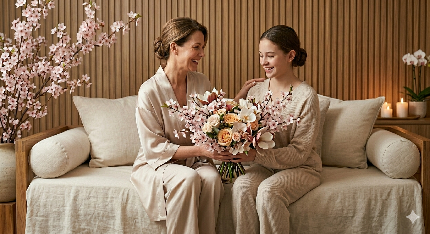 Two women in cream outfits sit on a sofa holding a bouquet in a cozy floral room.