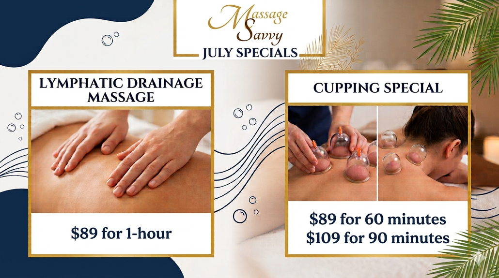 Massage specials flyer: lymphatic drainage massage and cupping special with prices on a white and gold background