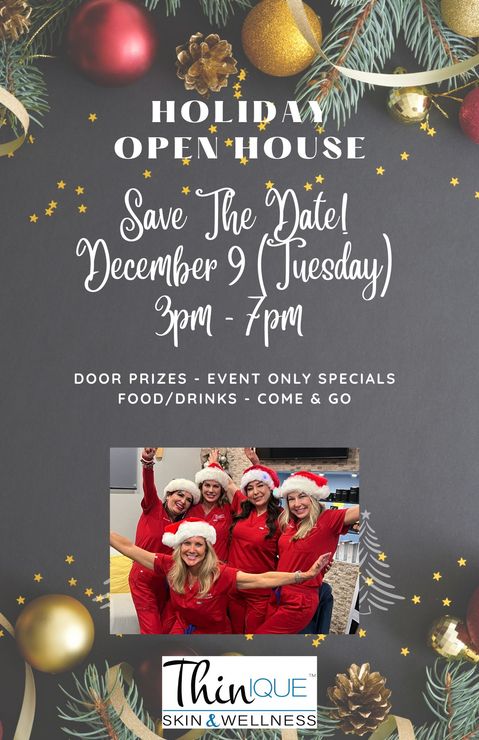 Holiday Open House flyer: December 9, 3-7pm, offers door prizes, specials, food/drinks. Staff in red scrubs and Santa hats.