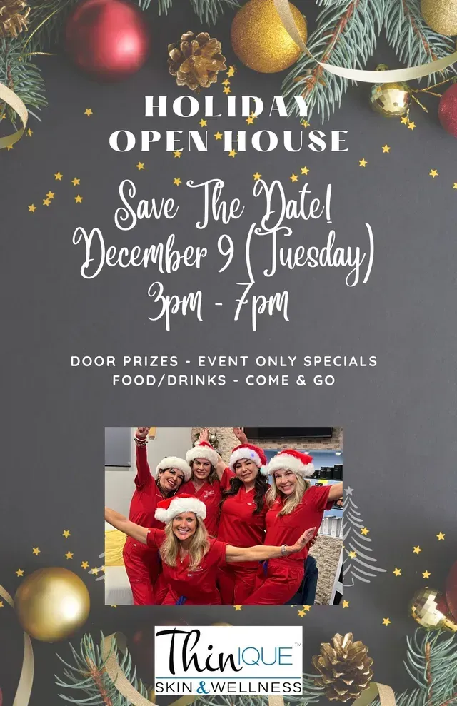 Holiday Open House flyer, December 9, 3-7 pm, offers door prizes, specials, food/drinks. Staff in red scrubs and Santa hats.