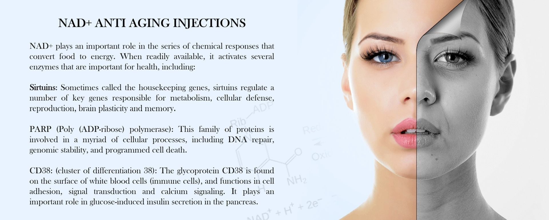 Half of a woman's face is shown with the title NAD+Anti Aging Injections.