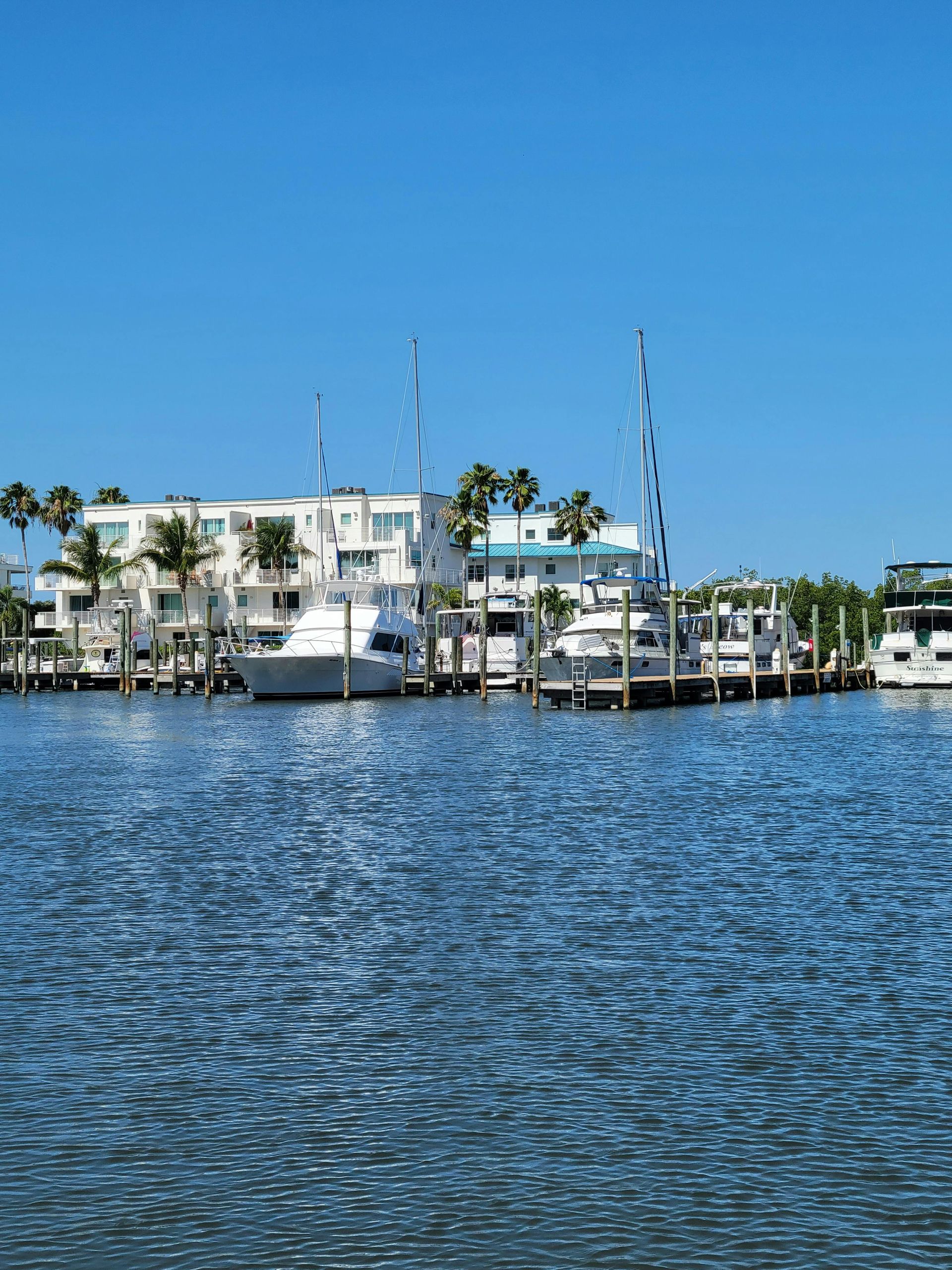 A marina featuring several yachts docked in front of white waterfront multi-story buildings under a clear blue sky.