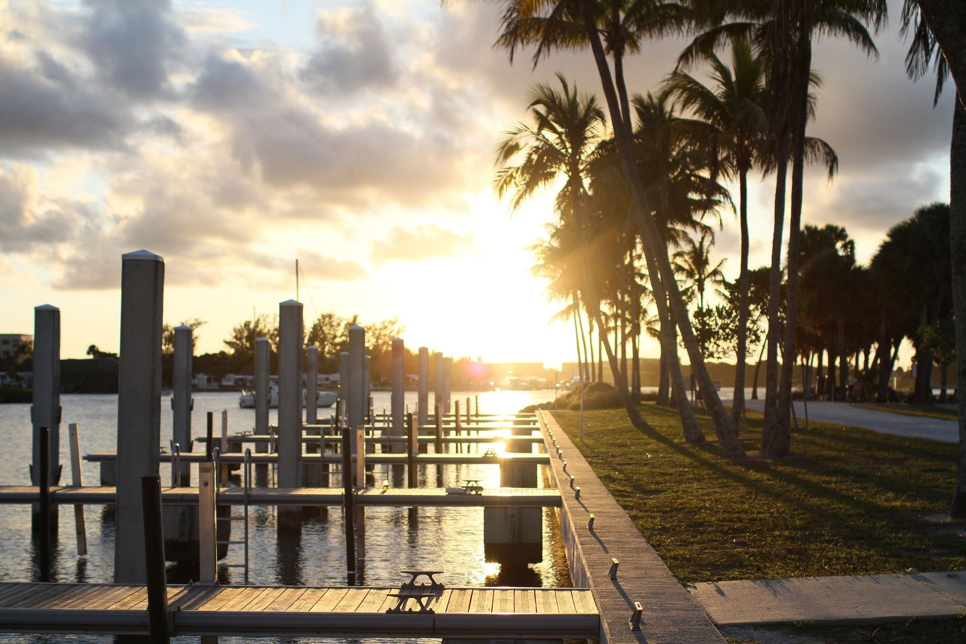 Sunset over a marina with wooden docks and pilings beside a row of palm trees.