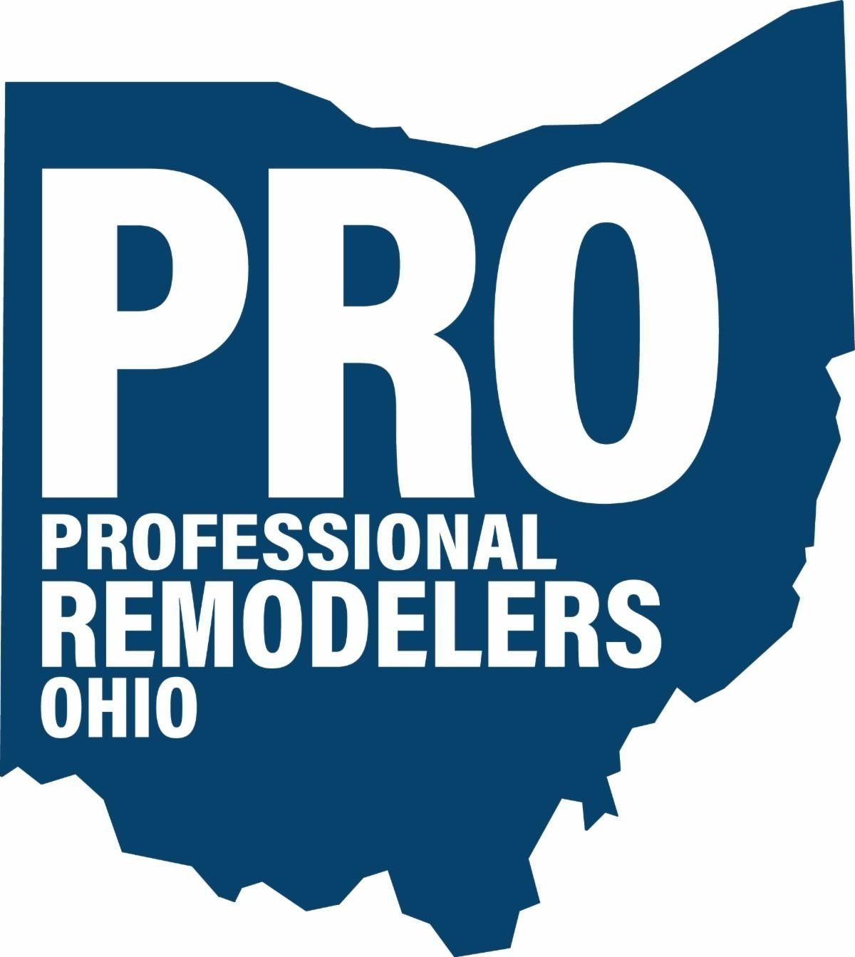 Logo for Professional Remodelers Ohio with large white PRO on a blue Ohio state silhouette