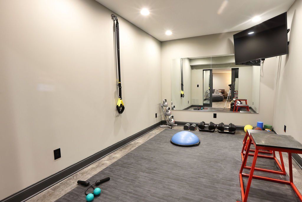 Home gym with workout equipment: weights, TRX, step, blue balance ball, mirror, TV, and gray carpet.