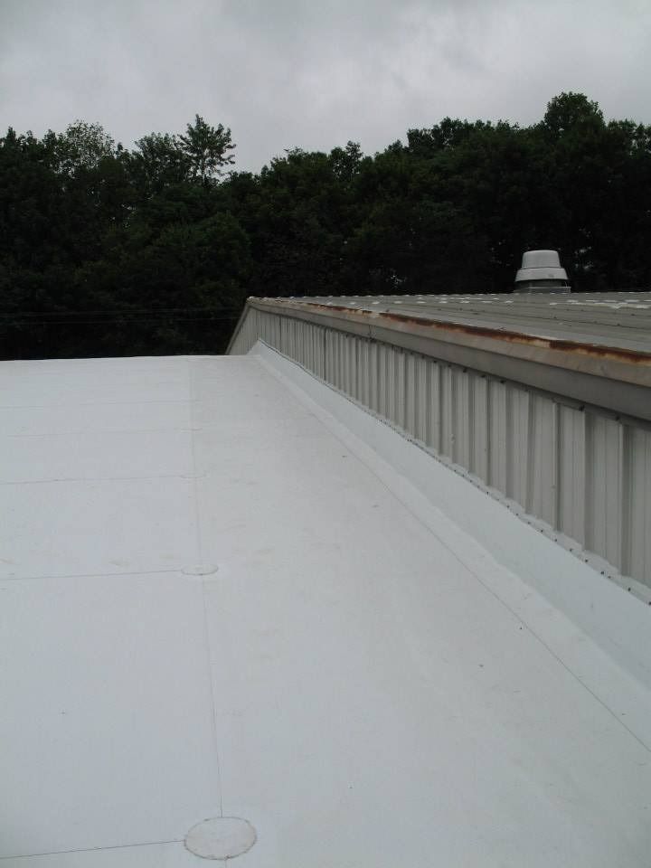 White commercial roof edge with metal siding, vent, and treeline backdrop.
