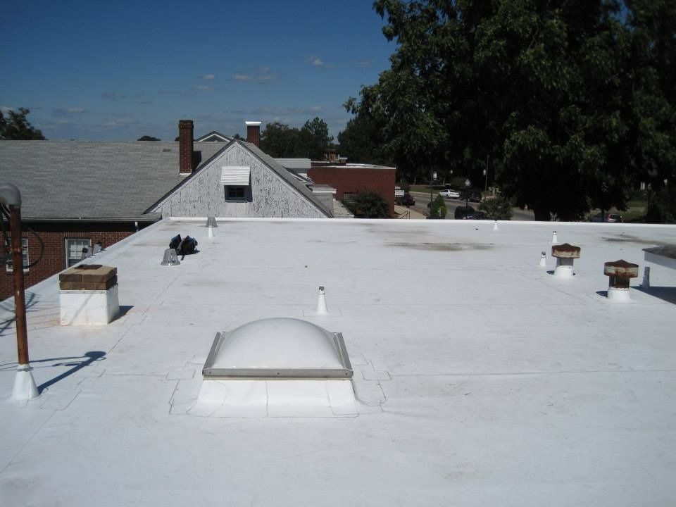 White flat roof with vents and skylight; other buildings visible in the background under a blue sky.