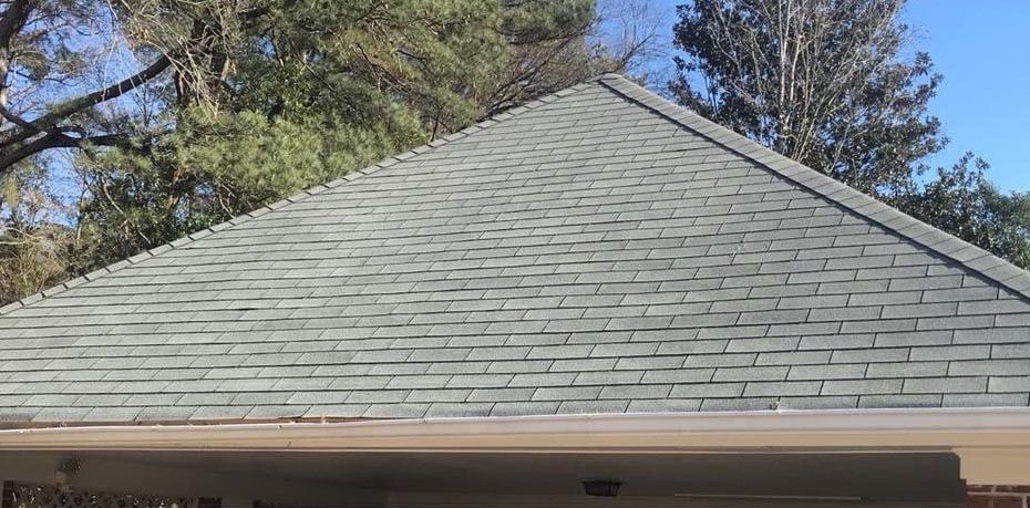 A gray roof with shingles on a building, trees are in the background.