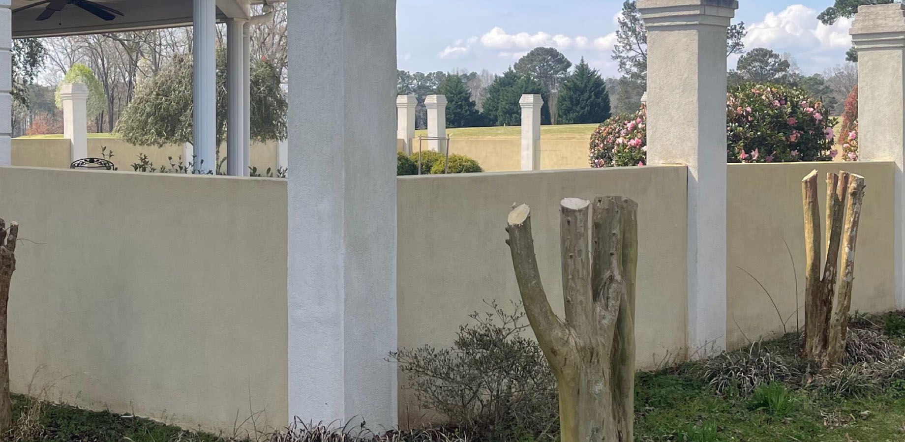 A low tan wall with white columns, trimmed tree trunks in foreground, and green trees in the distance.