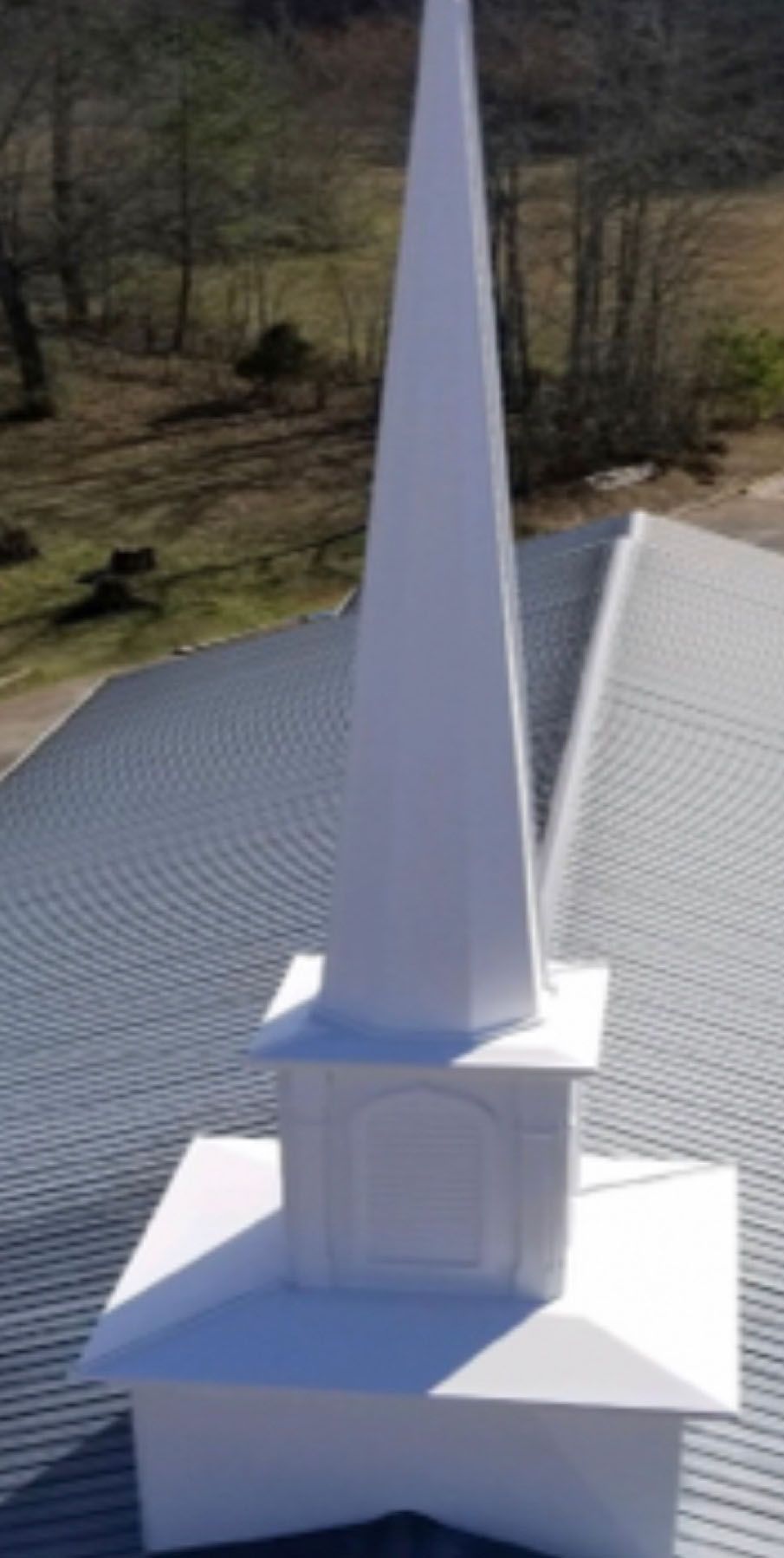 White church steeple on a metal roof, set against a backdrop of trees.