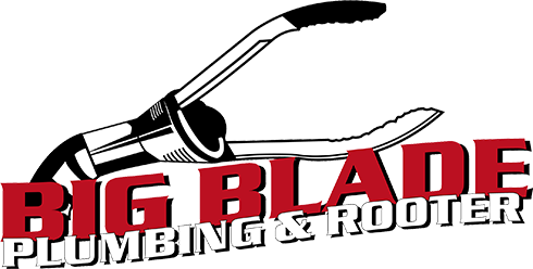 The logo for big blade plumbing and rooter shows a pair of pliers and a key.