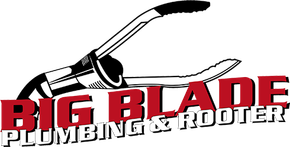 The logo for big blade plumbing and rooter shows a pair of pliers and a key.