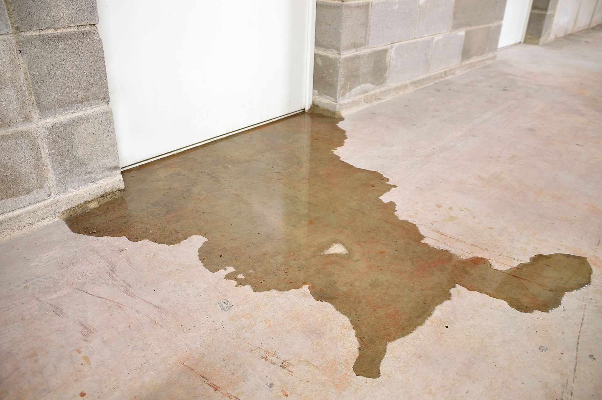 A puddle of water on the floor in a basement next to a door.