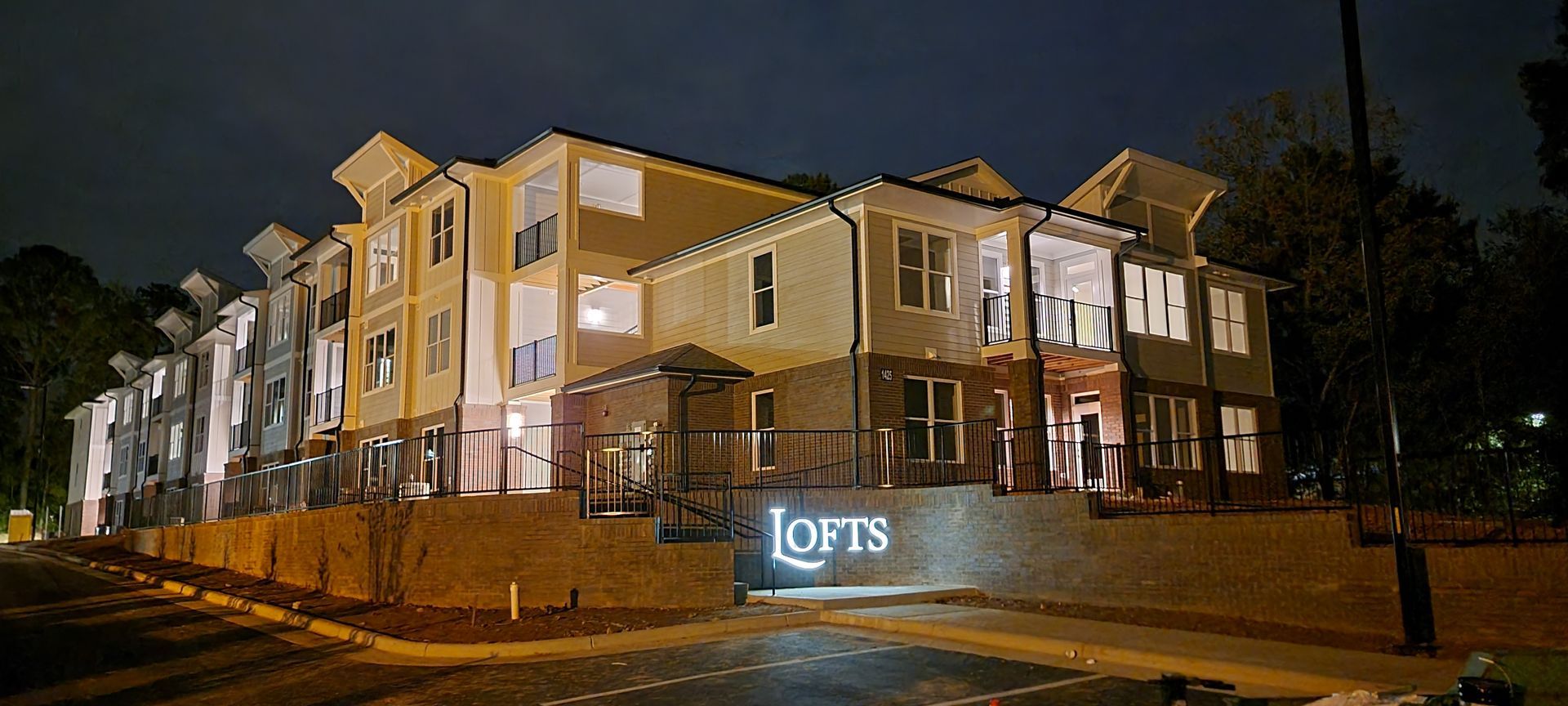 a large apartment building at night