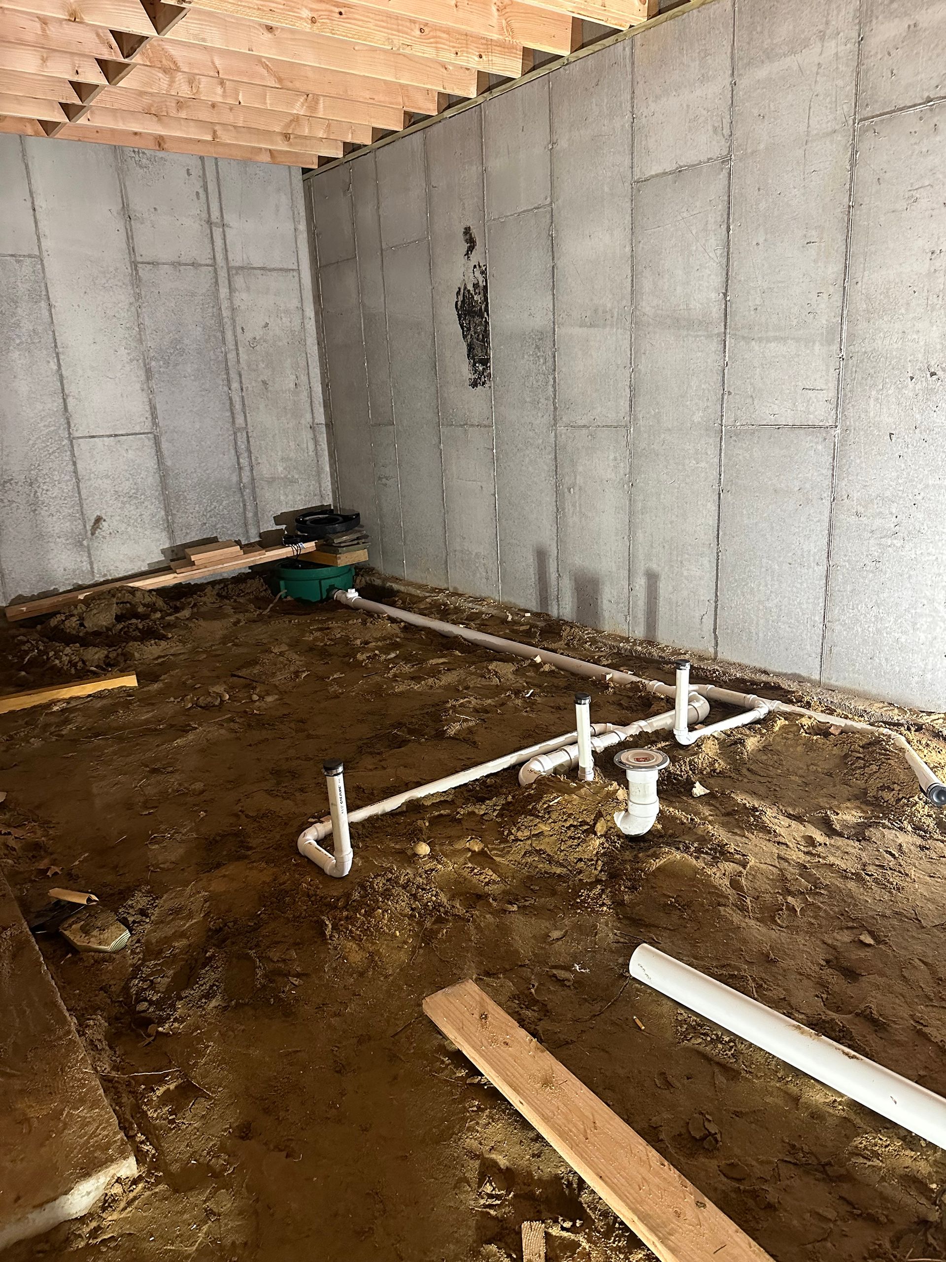 Basement with concrete walls, exposed plumbing, and dirt floor.