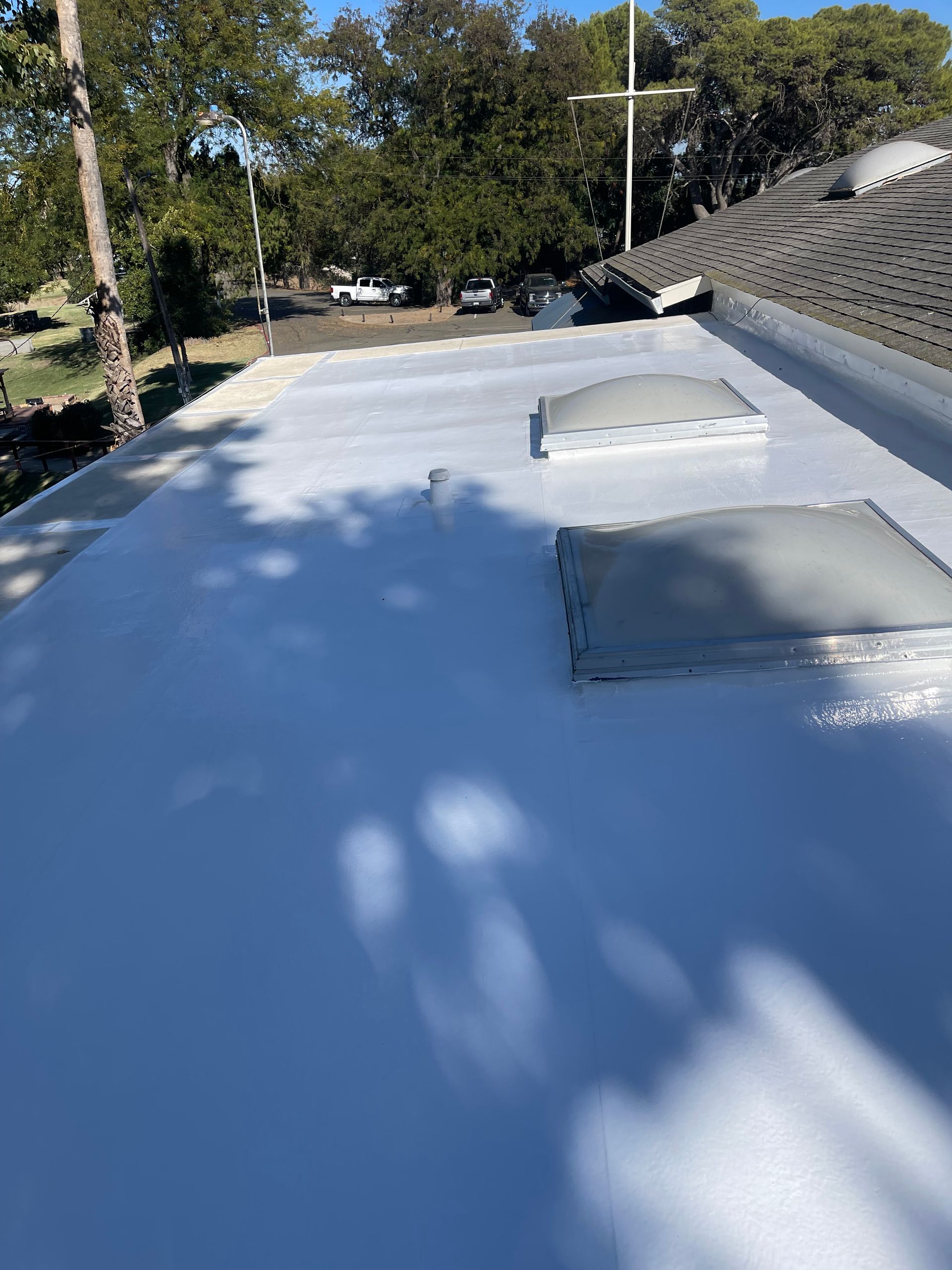 Flat white roof with two skylights, trees and a parked car in the background.