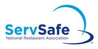 ServSafe logo with blue text and a curved blue graphic. Text says