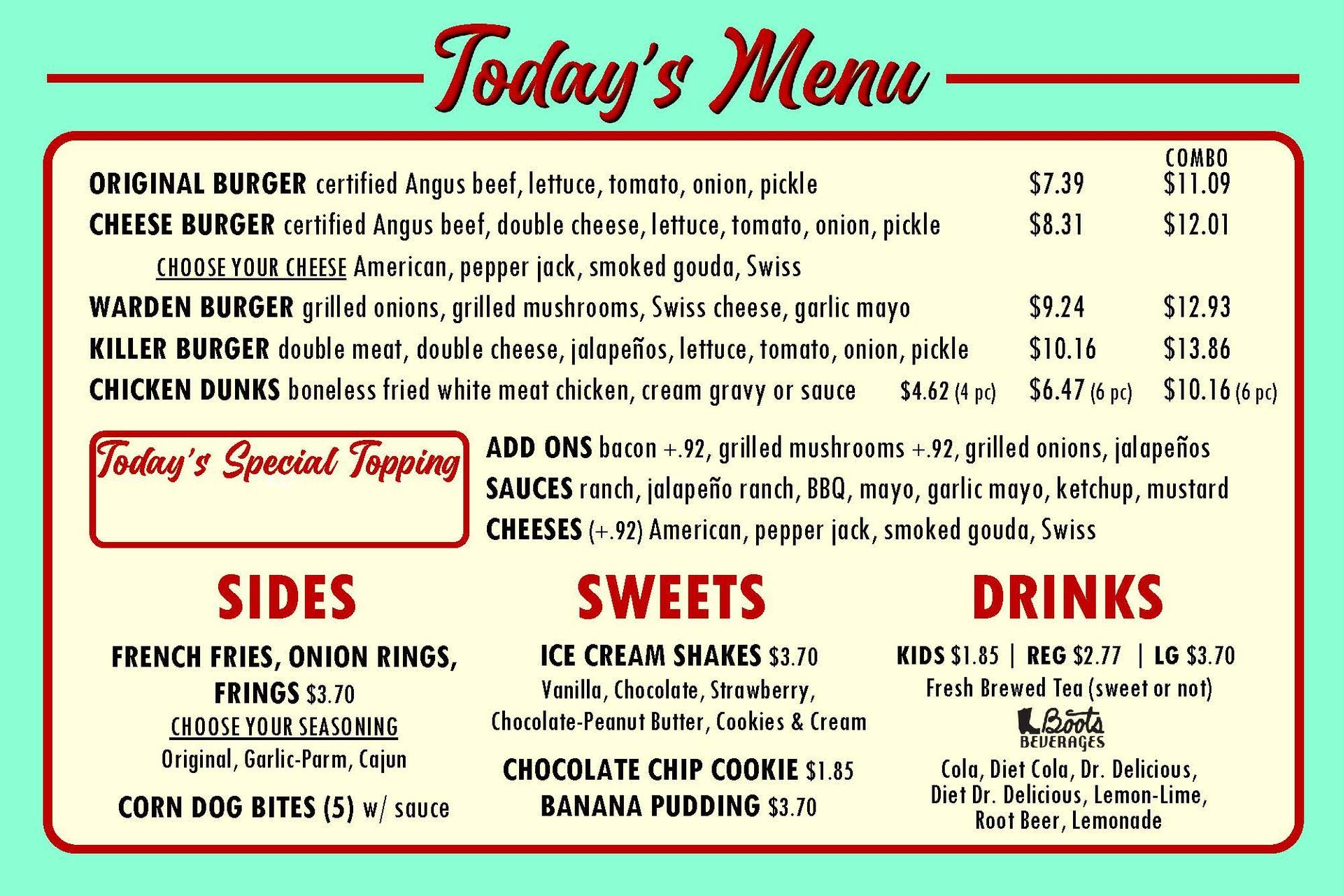 A restaurant menu on a light blue background, listing burger options, sides, sweets, and drinks with their prices.  