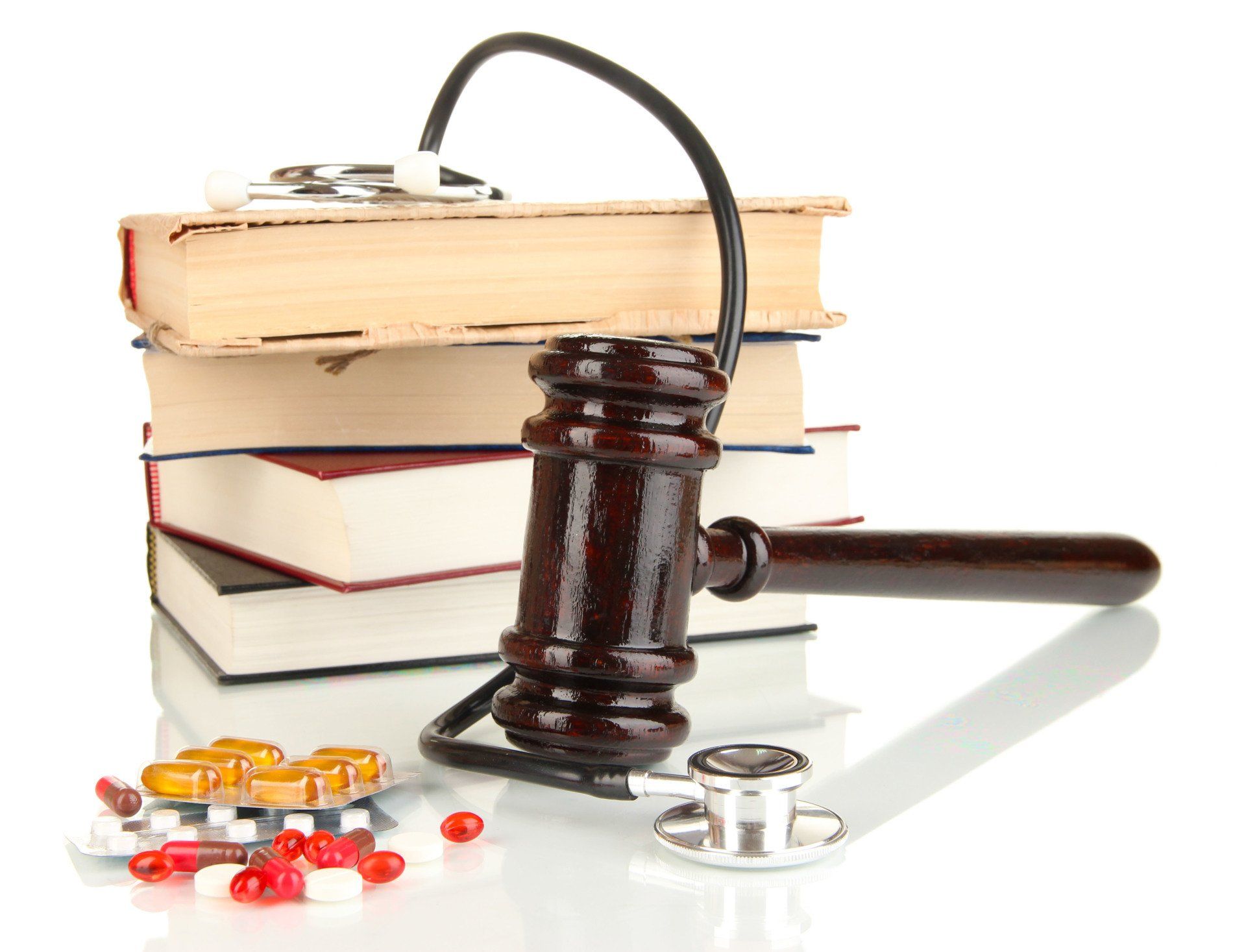 Gavel, stethoscopes and legal books