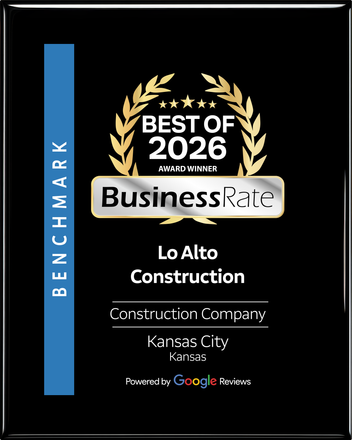 BusinessRate “Best of 2026” benchmark plaque for Lo Alto Construction in Kansas City by Google reviews.