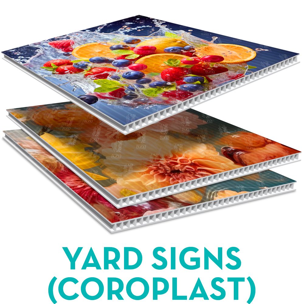 A stack of yard signs with different pictures on them