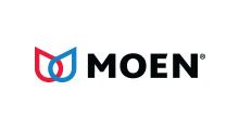 MOEN logo in black with red and blue icon on a white background