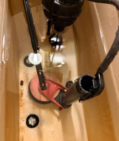 Toilet tank interior with plumbing parts, black float arm, and pink rubber flapper