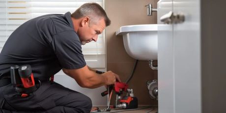Plumber repairing a sink with a red power tool under a bathroom vanity