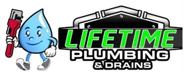 Lifetime Plumbing & Drains logo with a smiling blue water-drop mascot holding a red wrench