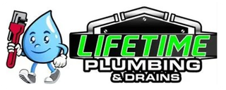 Lifetime Plumbing & Drains logo with a smiling blue water-drop mascot holding a red wrench