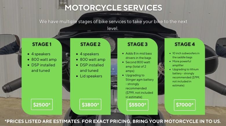 A motorcycle service advertisement with four stages of service