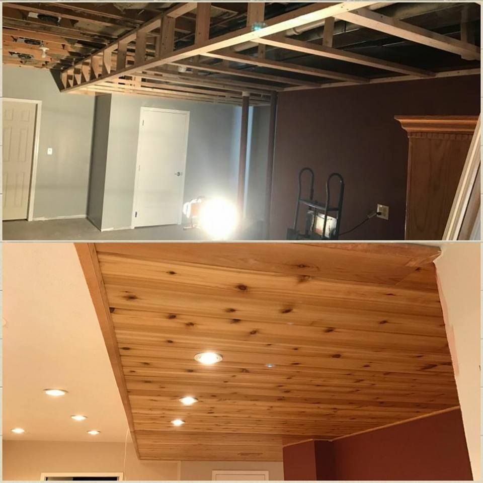 Before/after of a room: exposed ceiling beams above, replaced with wood paneling and recessed lights below.