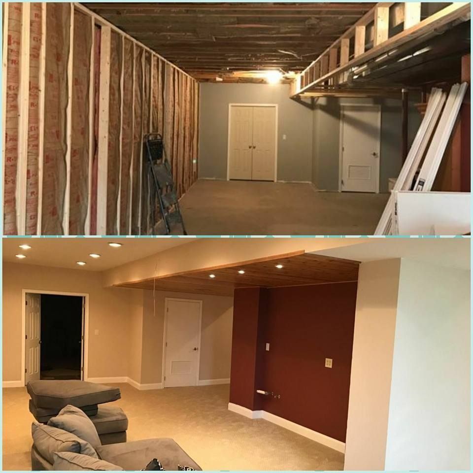 Basement renovation before and after: bare framing and finished space with furniture and lighting.