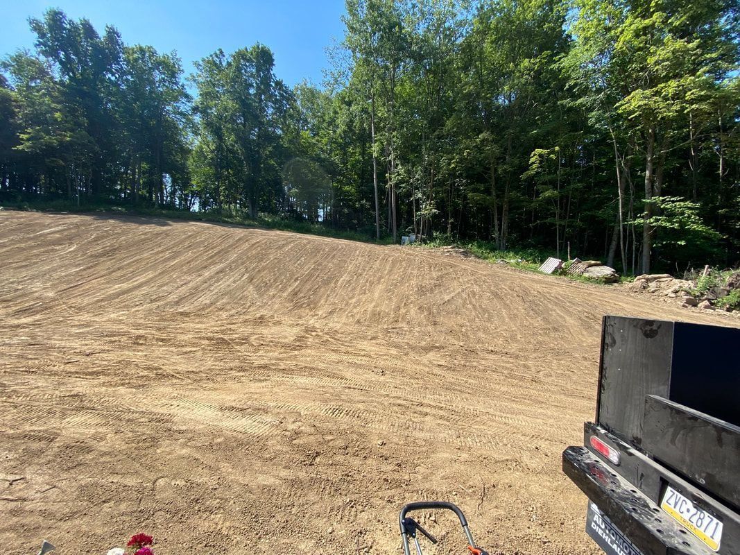 A leveled dirt field with tilled rows, leading to a tree line under a blue sky.