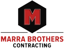 Logo for Marra Brothers Contracting: black hexagon with red "M," and text below.
