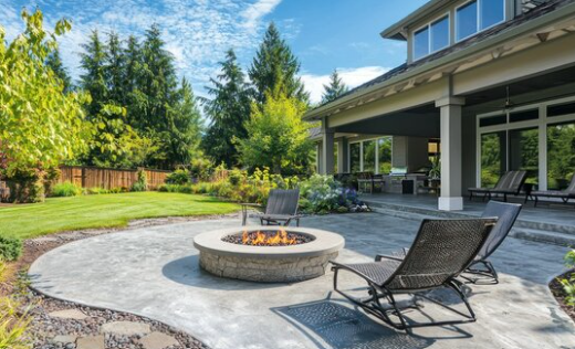 Modern backyard patio with a round fire pit, lounge chairs, and a house beside a green lawn