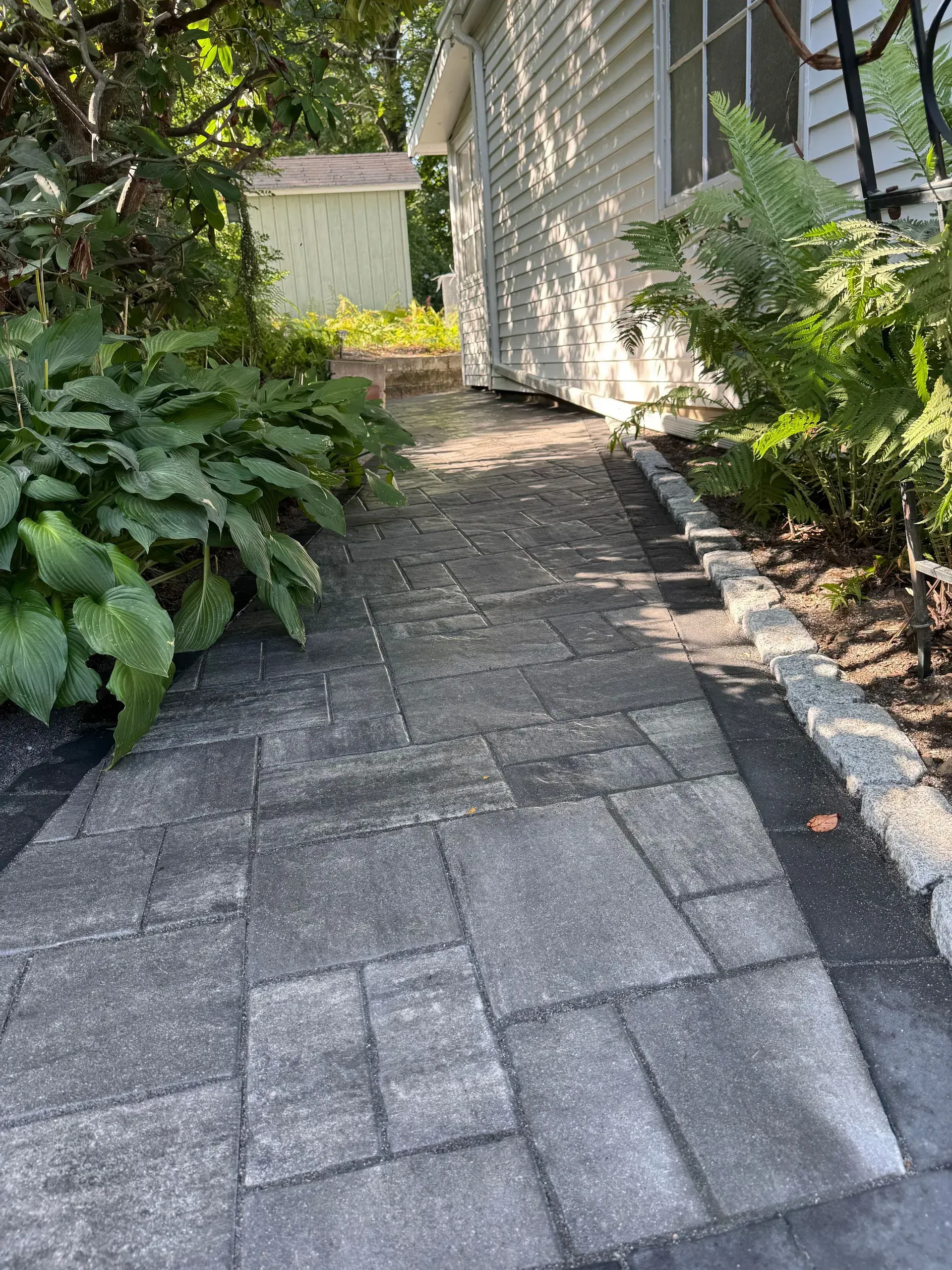 Brick walkway leading up to a light-colored house, with lush green plants on the left and landscaping on the right.