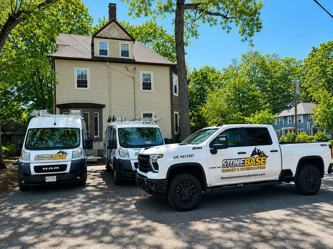 Three white service vehicles parked in front of a house on a sunny tree-lined street