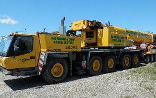 Yellow mobile crane parked on gravel, under a blue sky.