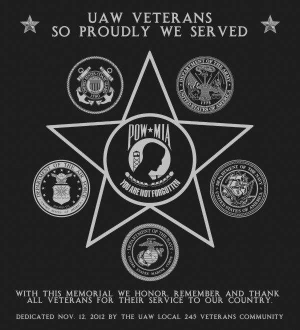 Memorial honoring UAW veterans; a star with service branch emblems, POW/MIA symbol, and text.