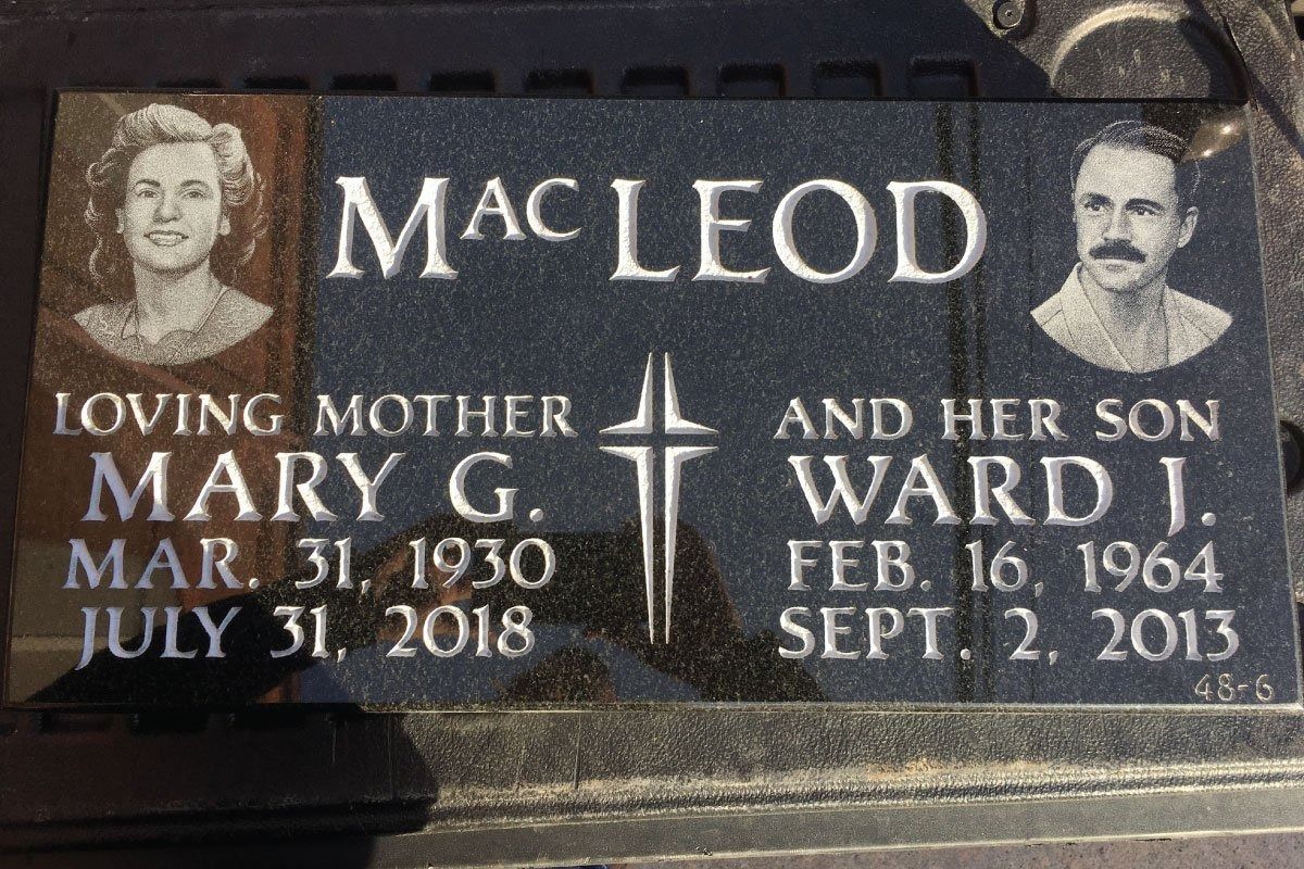 Headstone of Mary G. MacLeod (1930-2018) and Ward J. MacLeod (1964-2013). Portraits and dates are displayed.
