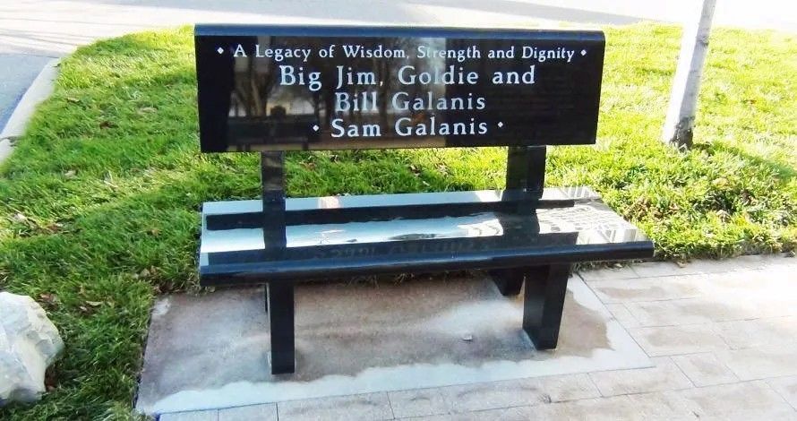Bench in a grassy cemetery, with tombstones and red flowers in the background.