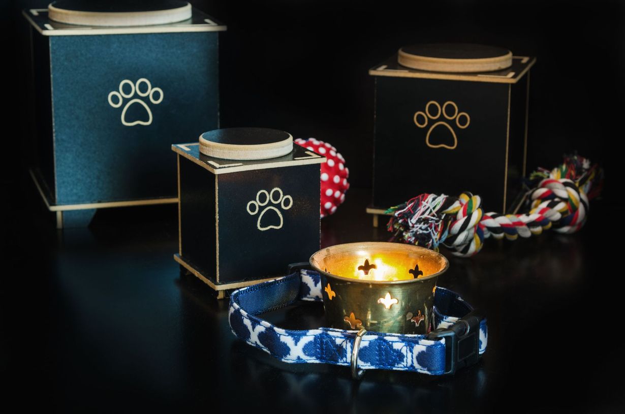 Three pet urns with paw print, collar, candle, and toys.
