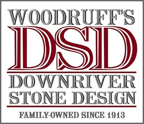 Logo for Woodruff's Downriver Stone Design: red block letters "DSD" with tagline, "Family-Owned Since 1913".