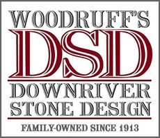 Logo for Woodruff's Downriver Stone Design: red block letters "DSD" with tagline, "Family-Owned Since 1913".