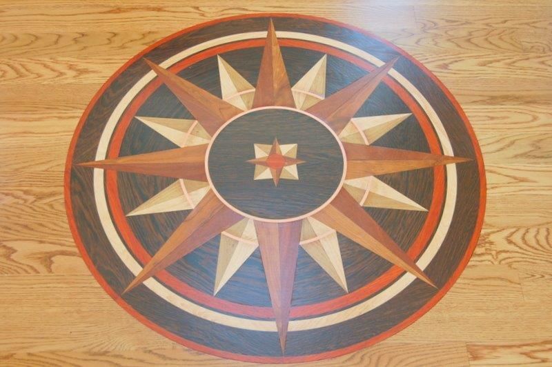 A wooden compass on a wooden floor