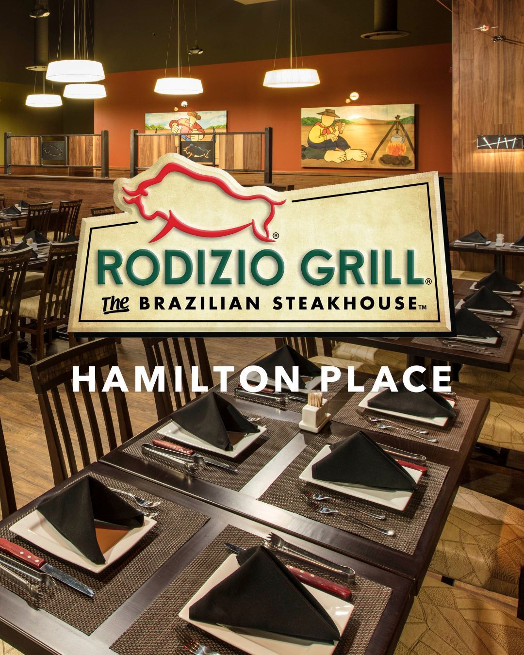 Rodizio Grill Brazilian Steakhouse sign in a warmly lit dining room at Hamilton Place